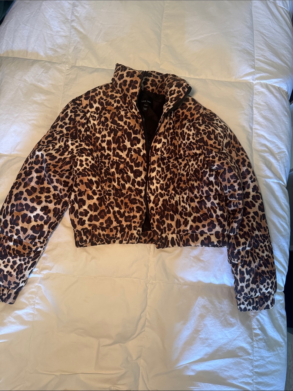 Leopard Print Cropped Puffer Jacket - Brown